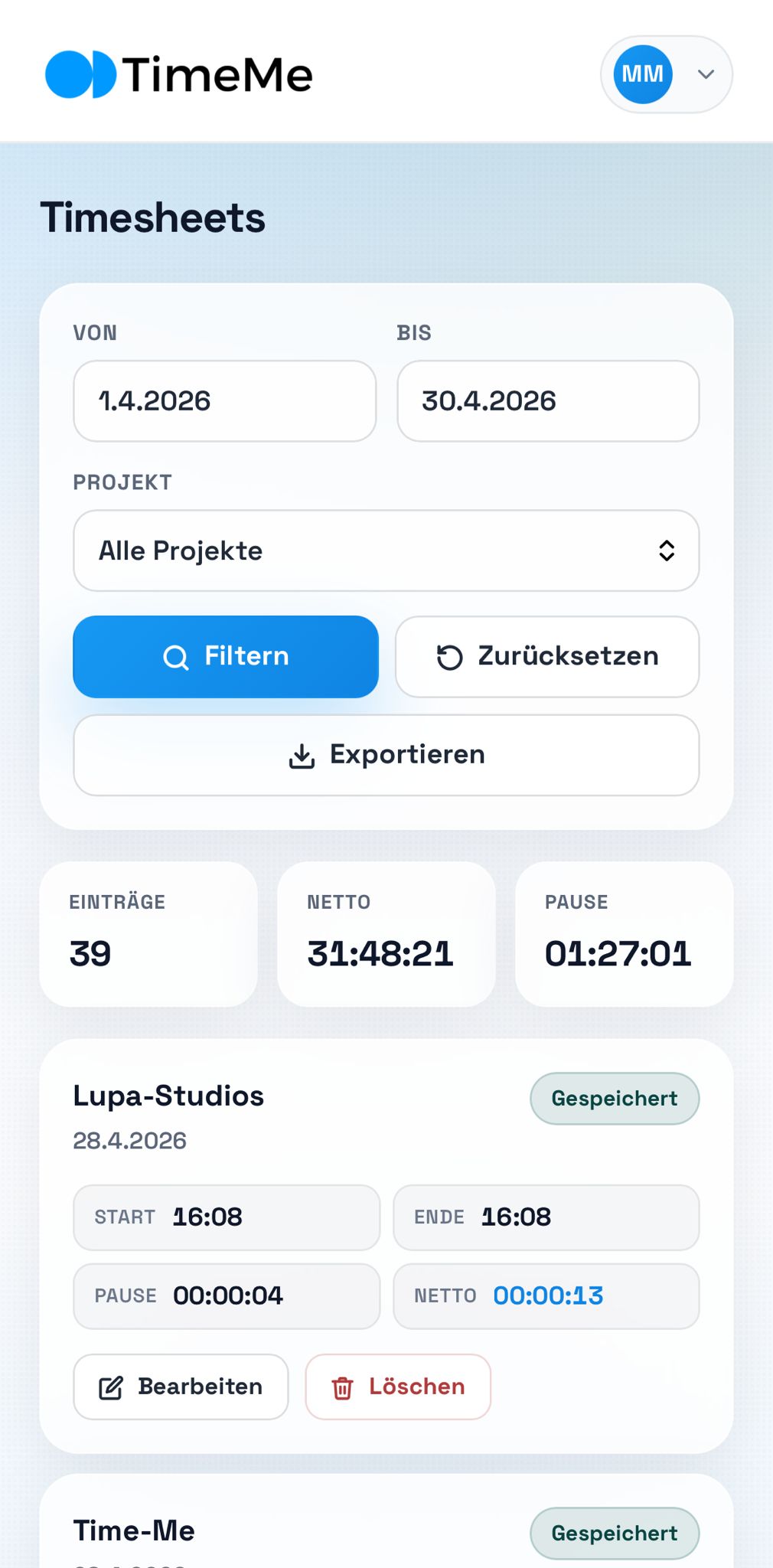 Time-Me App – Zeiteinträge